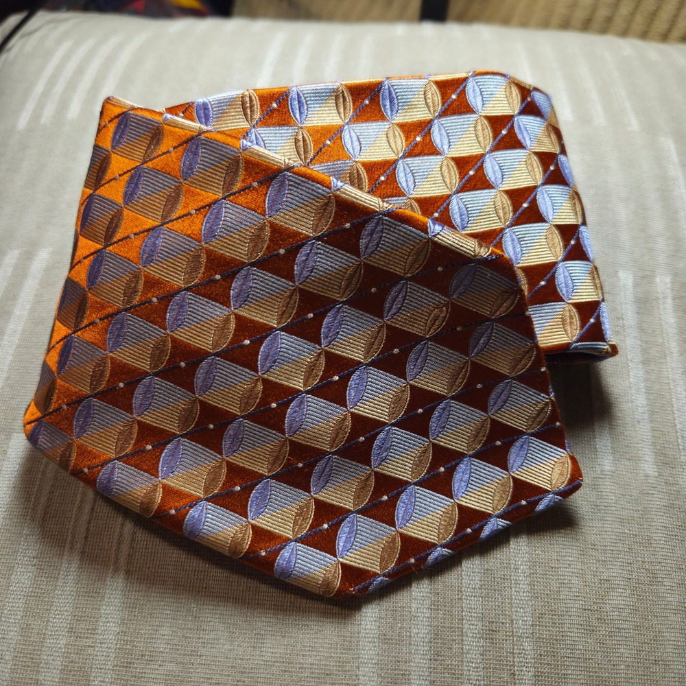 IKE BEHAR NEW YORK Mens Silk Necktie Geometric Barrel Pattern Orange Blue Gold